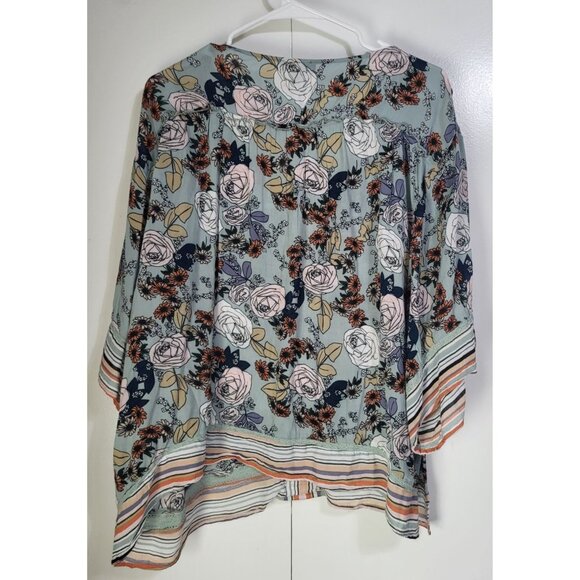 DEMOCRACY Women's SZ LG Floral Striped 3/4 Kimono Sleeve V-Neck Flowy Tunic Top - Picture 2 of 9